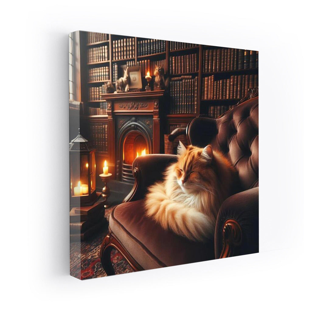 Red Cat in the Cozy Library: Warmth of Books and Candles