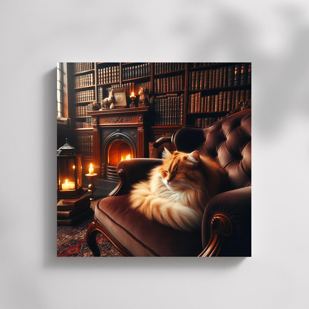 Red Cat in the Cozy Library: Warmth of Books and Candles