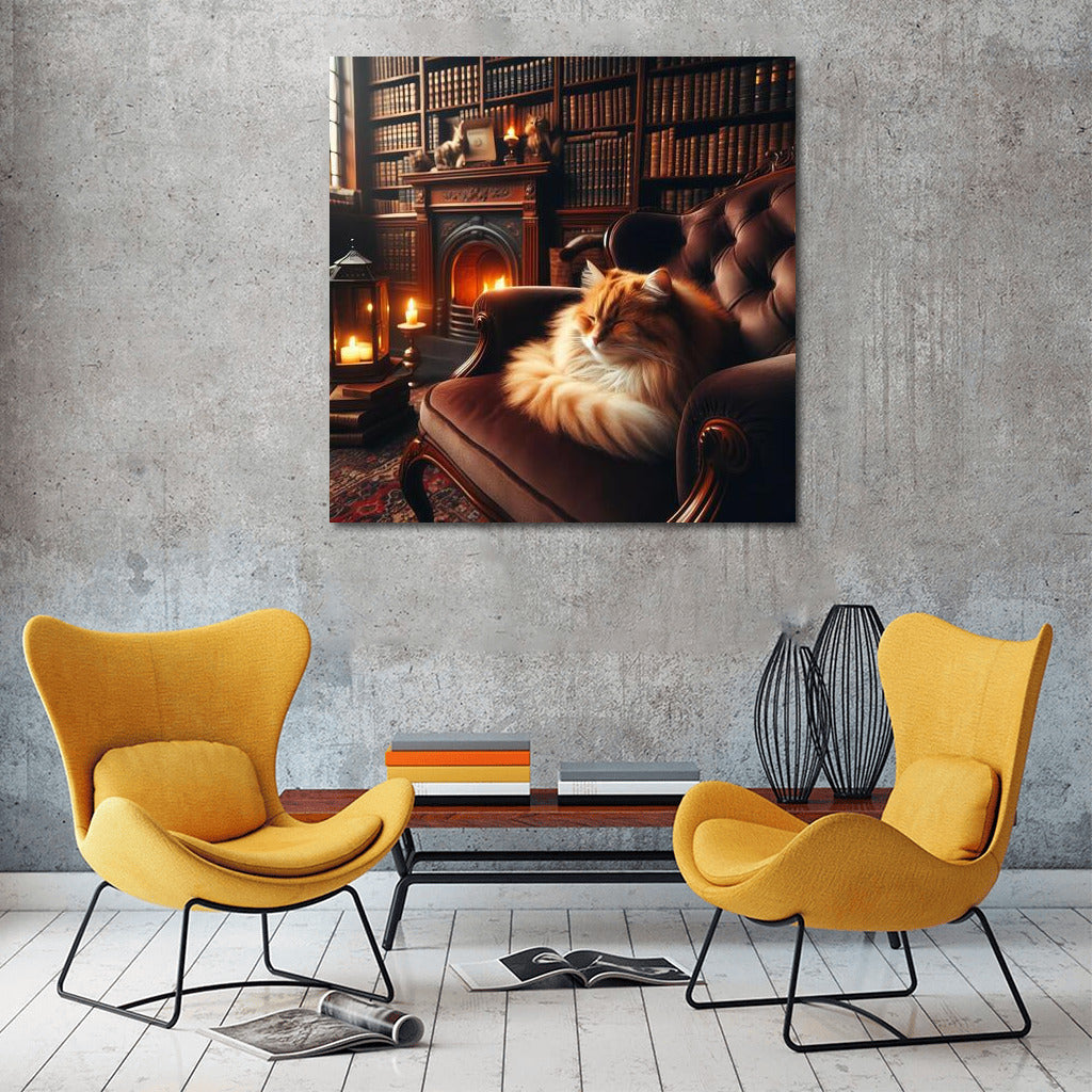 Red Cat in the Cozy Library: Warmth of Books and Candles