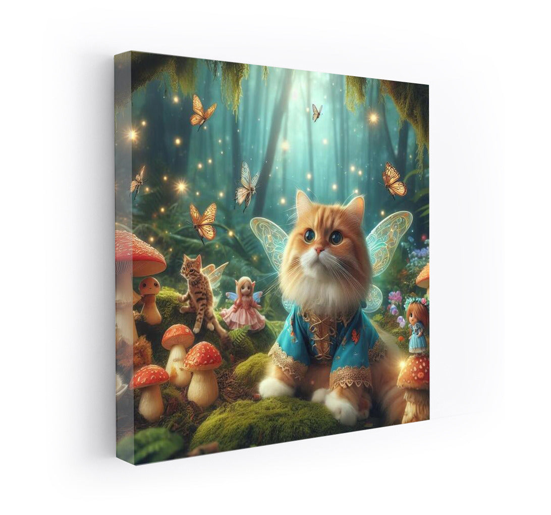 Fairy Cat in the Magic Forest: Fairytale Creatures and Mushrooms