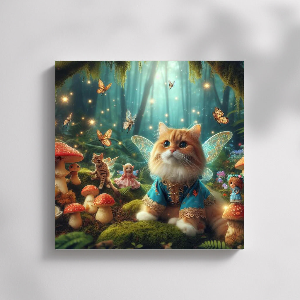 Fairy Cat in the Magic Forest: Fairytale Creatures and Mushrooms