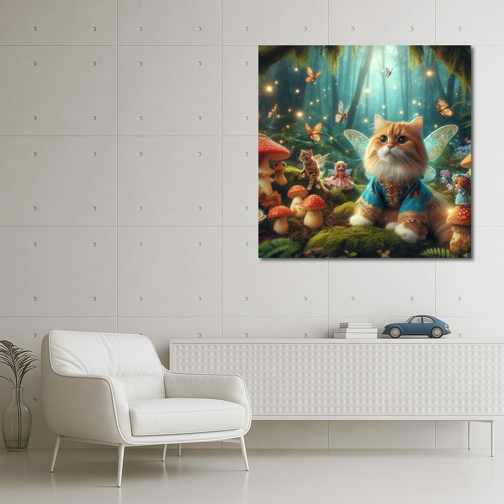 Fairy Cat in the Magic Forest: Fairytale Creatures and Mushrooms