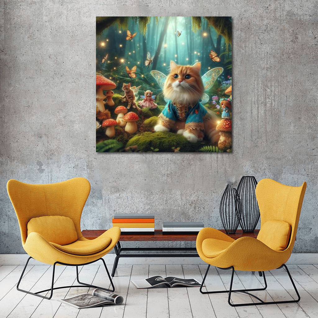 Fairy Cat in the Magic Forest: Fairytale Creatures and Mushrooms