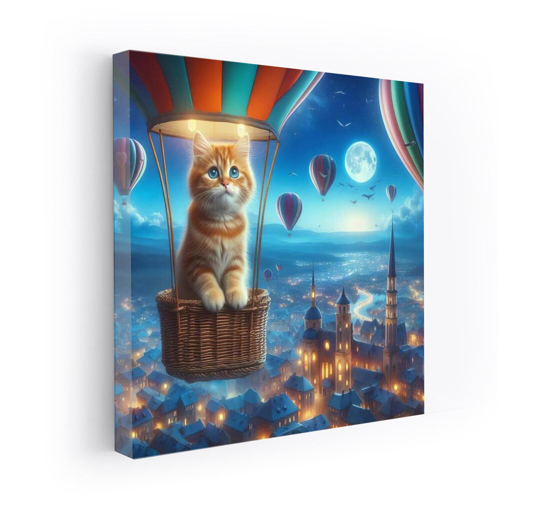 Cat in a Balloon over a Fairytale Town: A Fluffy Adventure
