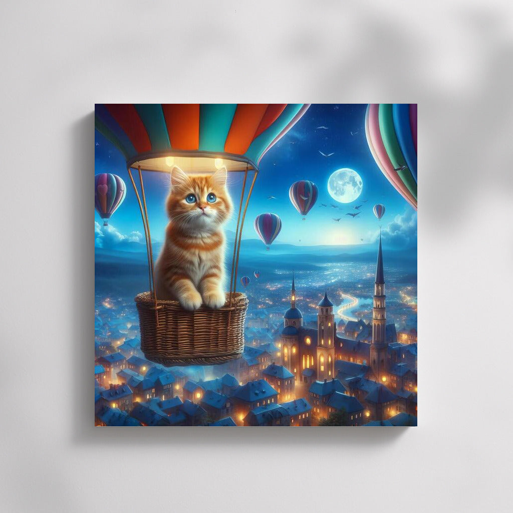 Cat in a Balloon over a Fairytale Town: A Fluffy Adventure