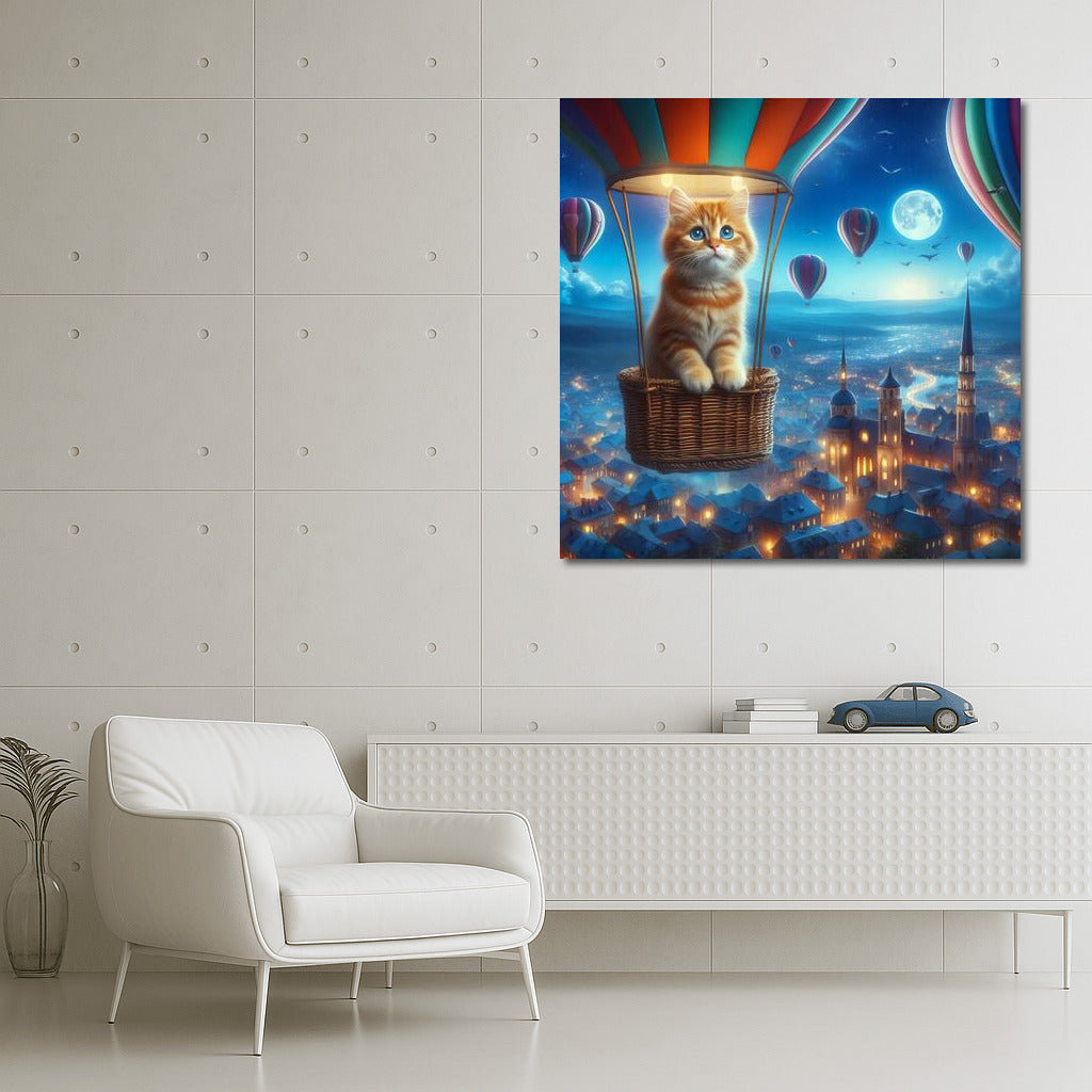 Cat in a Balloon over a Fairytale Town: A Fluffy Adventure