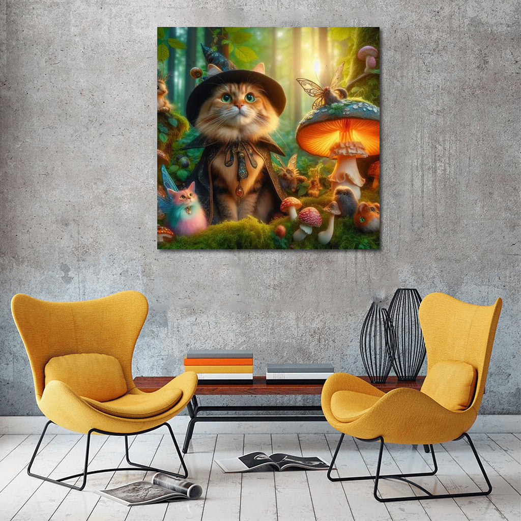The Magic Cat in the Hat among the Fairies and Mushrooms in the Fairytale Forest