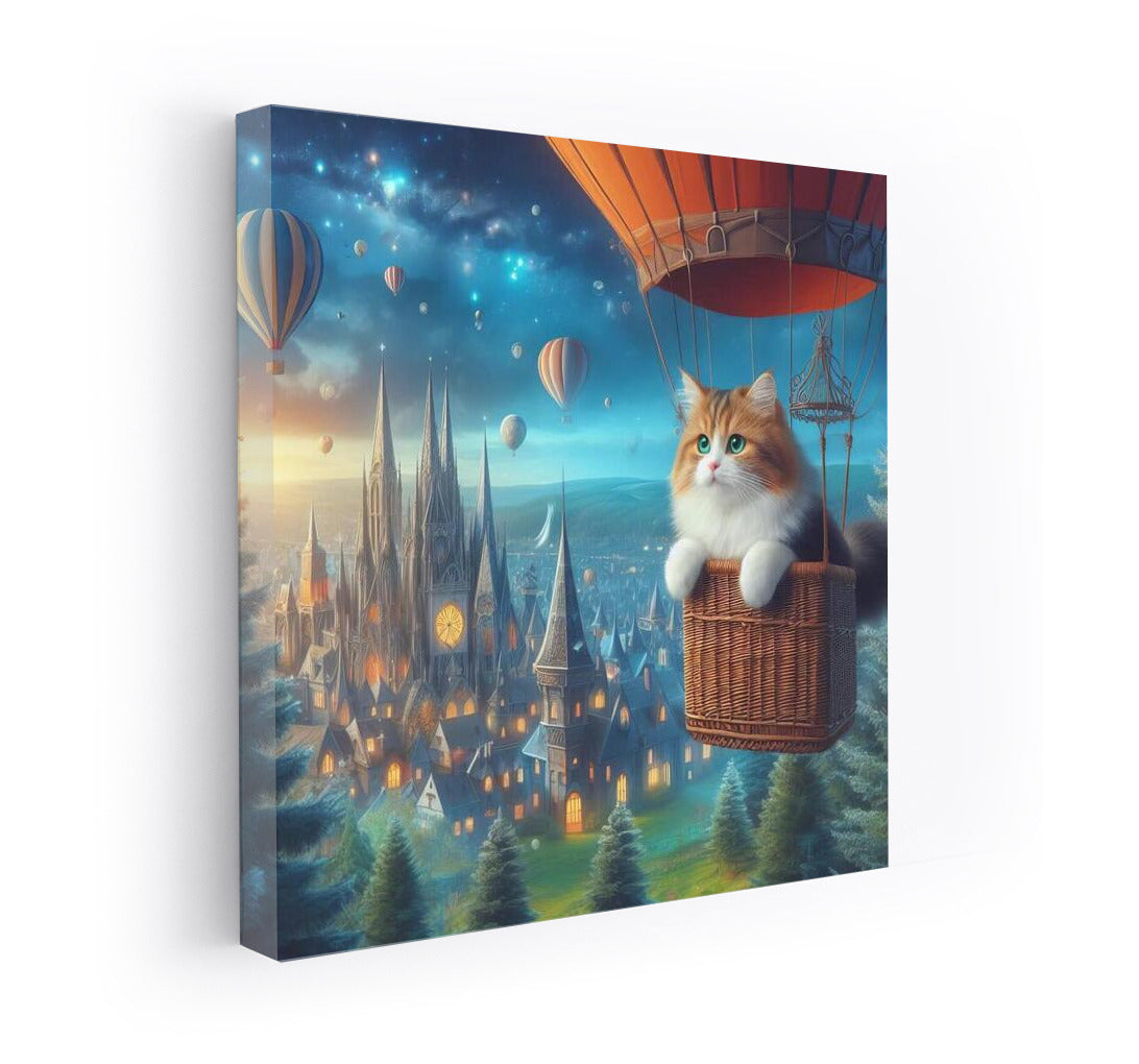 A cat's air journey over a fairytale city