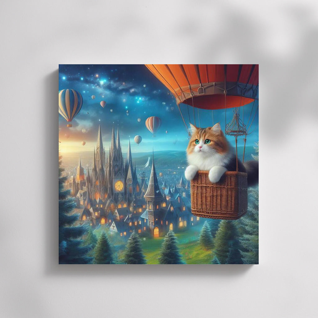 A cat's air journey over a fairytale city