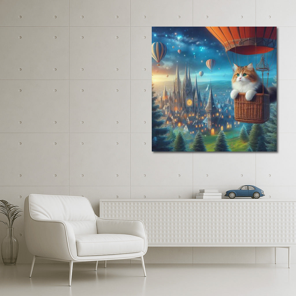 A cat's air journey over a fairytale city