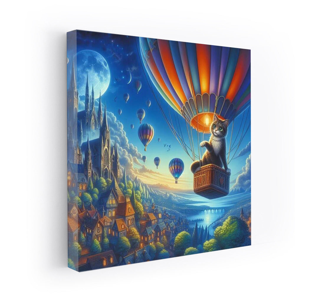 Cat in a Balloon over a Fairytale City: Magic and Adventure