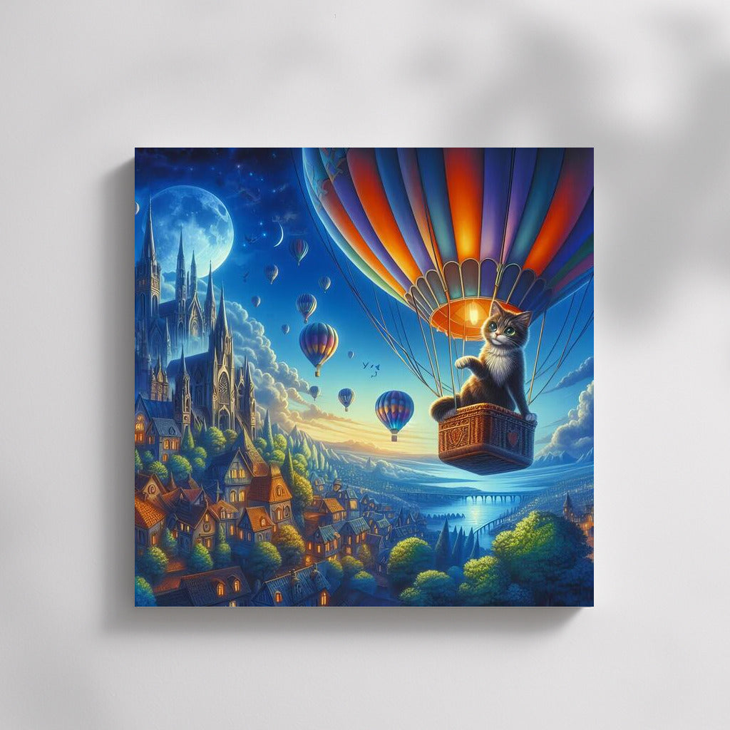 Cat in a Balloon over a Fairytale City: Magic and Adventure