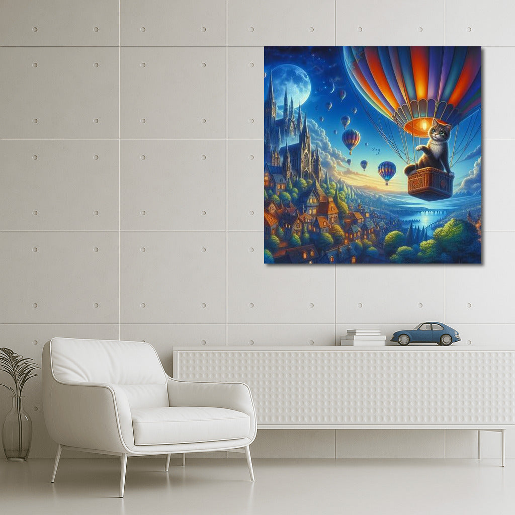 Cat in a Balloon over a Fairytale City: Magic and Adventure