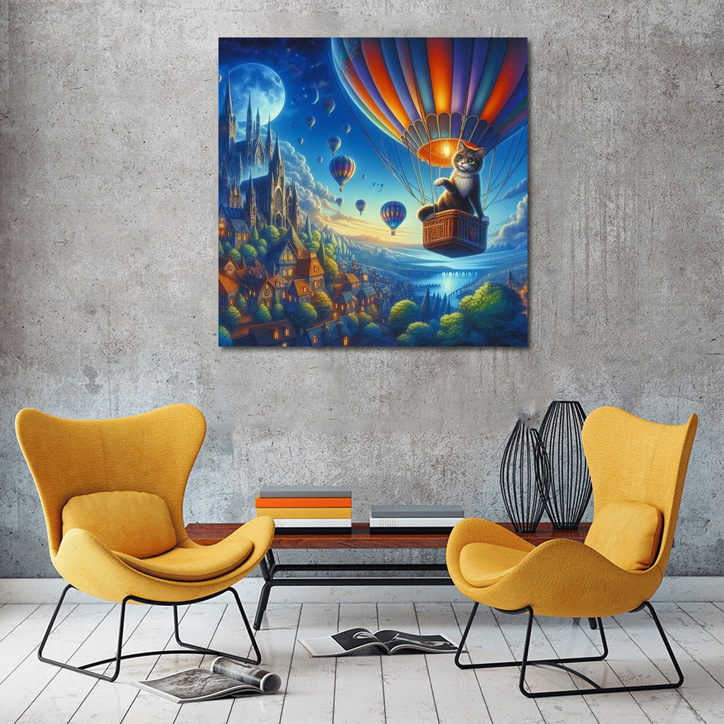 Cat in a Balloon over a Fairytale City: Magic and Adventure