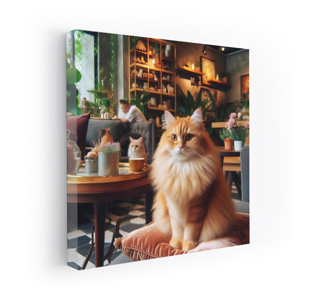 Cat in Stylish Cafe: Fluffy Grace and Comfort