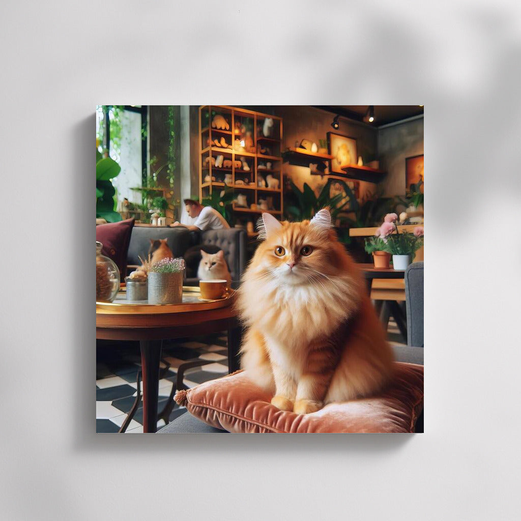 Cat in Stylish Cafe: Fluffy Grace and Comfort