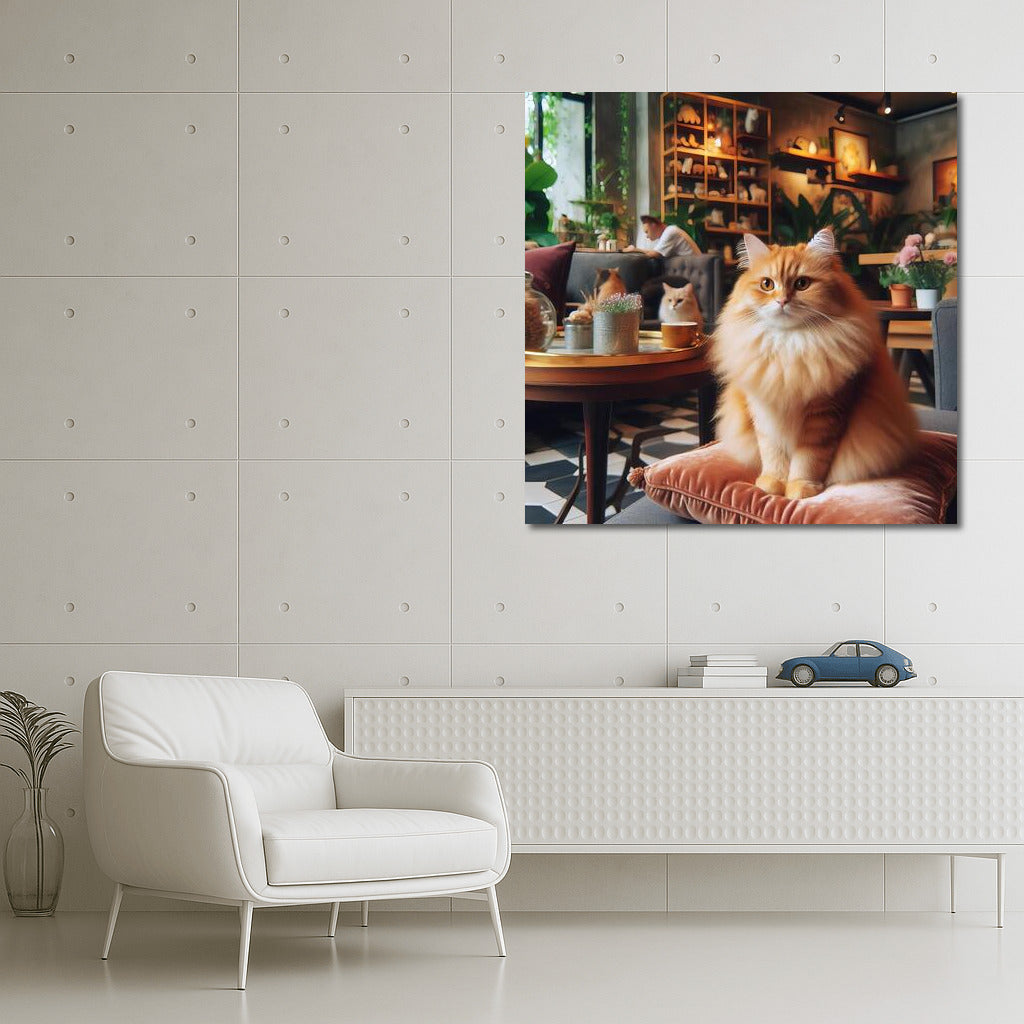 Cat in Stylish Cafe: Fluffy Grace and Comfort