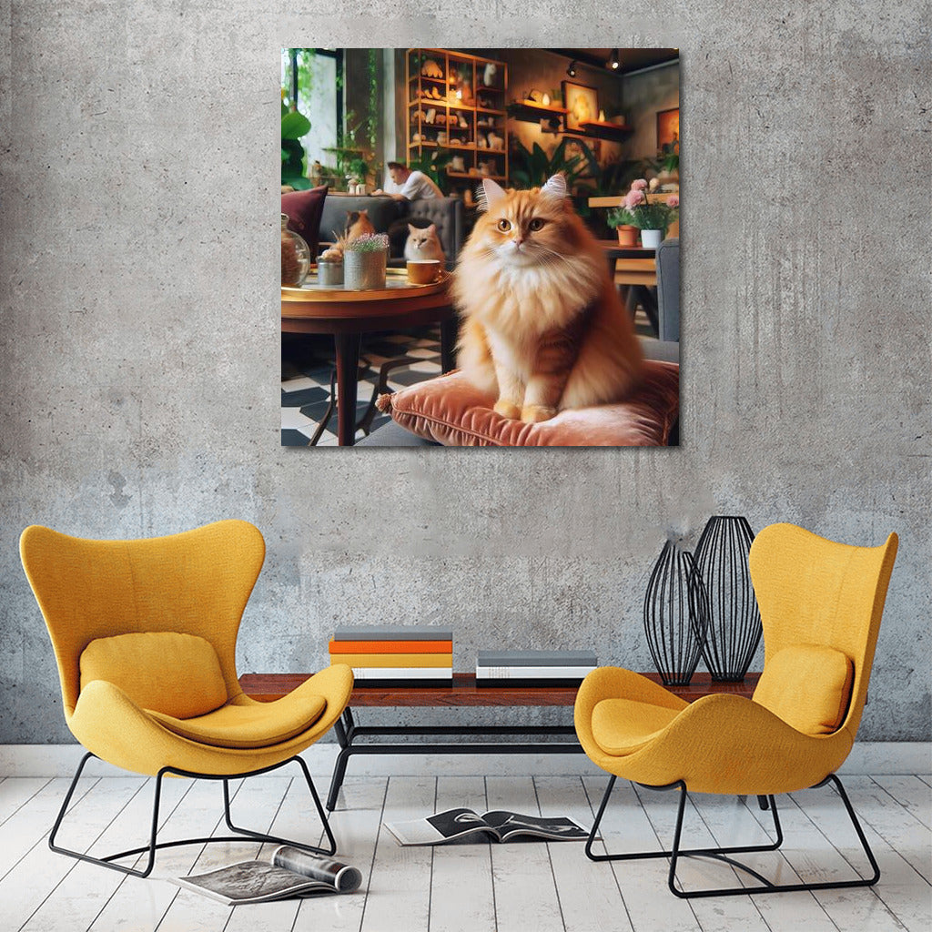 Cat in Stylish Cafe: Fluffy Grace and Comfort