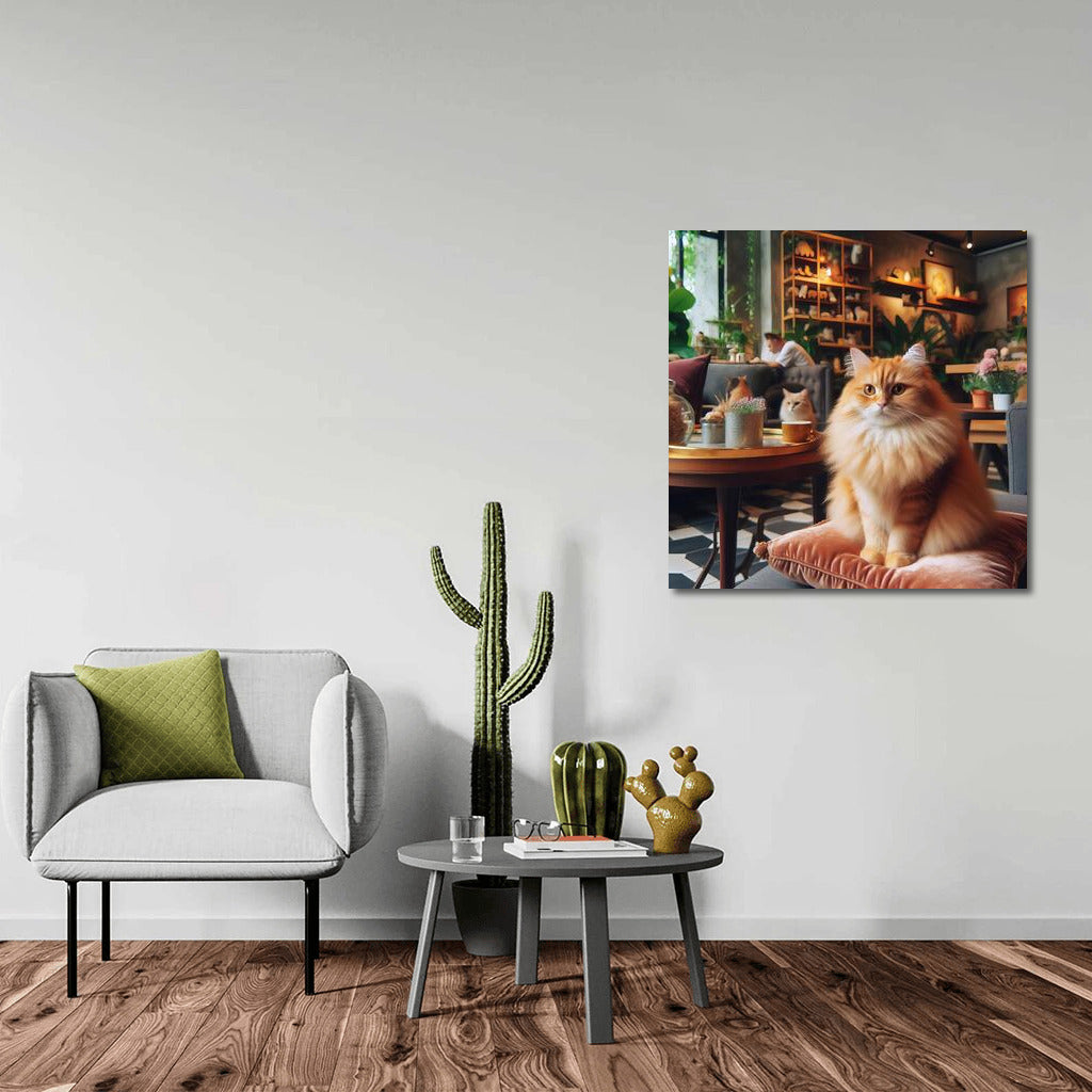 Cat in Stylish Cafe: Fluffy Grace and Comfort