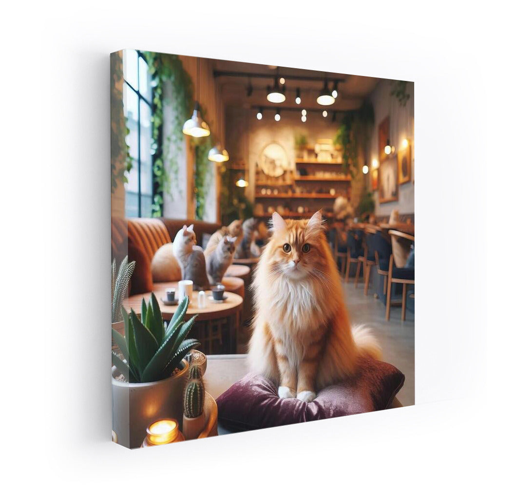 Fluffy Cat in Cozy Cafe: Atmosphere of Calm