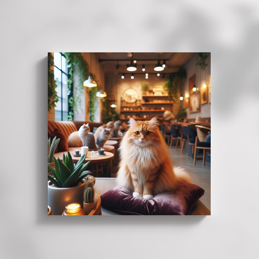 Fluffy Cat in Cozy Cafe: Atmosphere of Calm