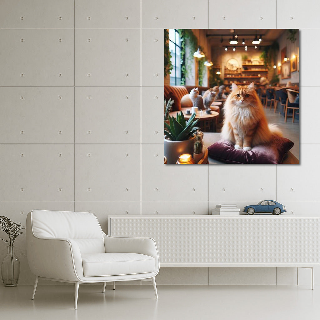Fluffy Cat in Cozy Cafe: Atmosphere of Calm