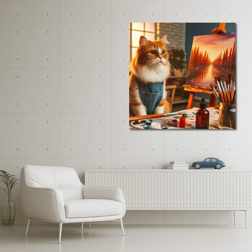 Cat-artist in the studio: Fantasy on canvas