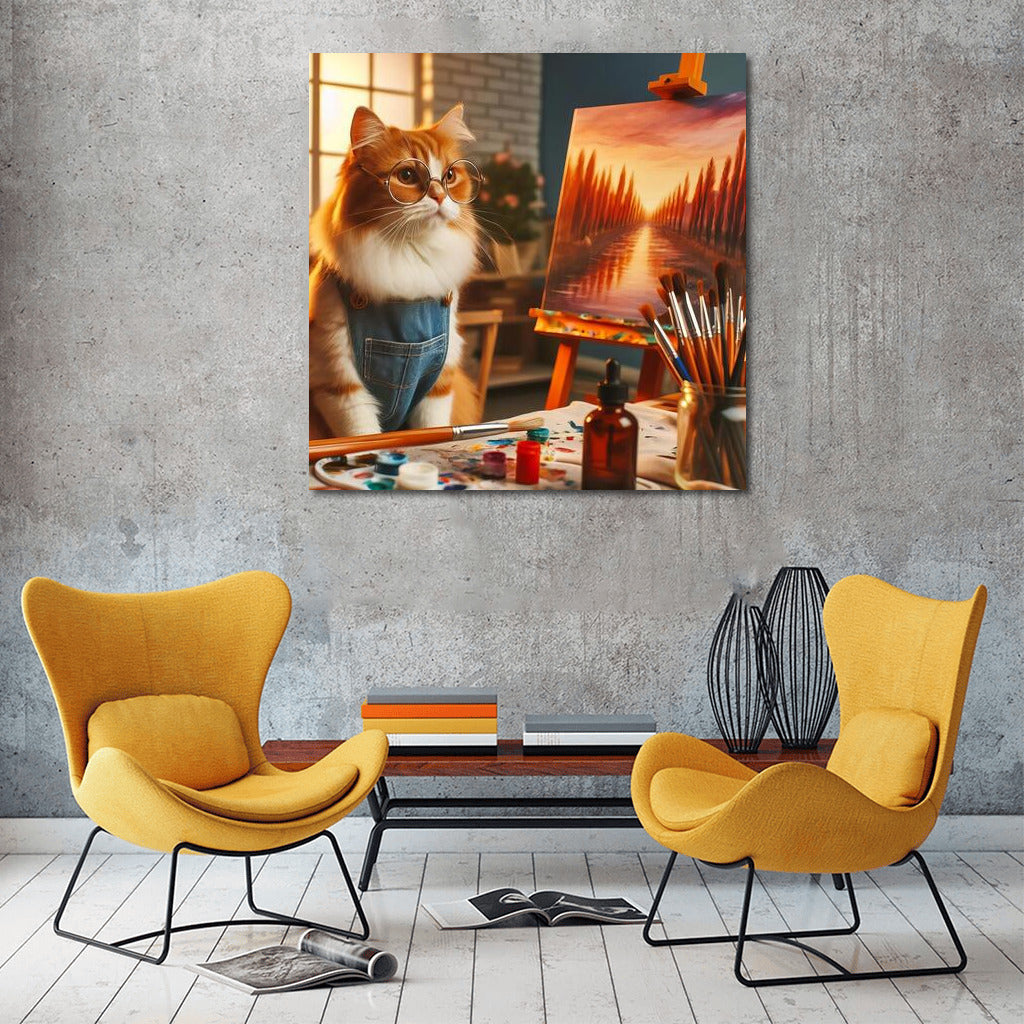 Cat-artist in the studio: Fantasy on canvas