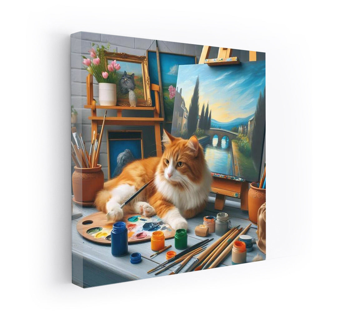 Cat-artist in a creative workshop: the magic of brushes and paints
