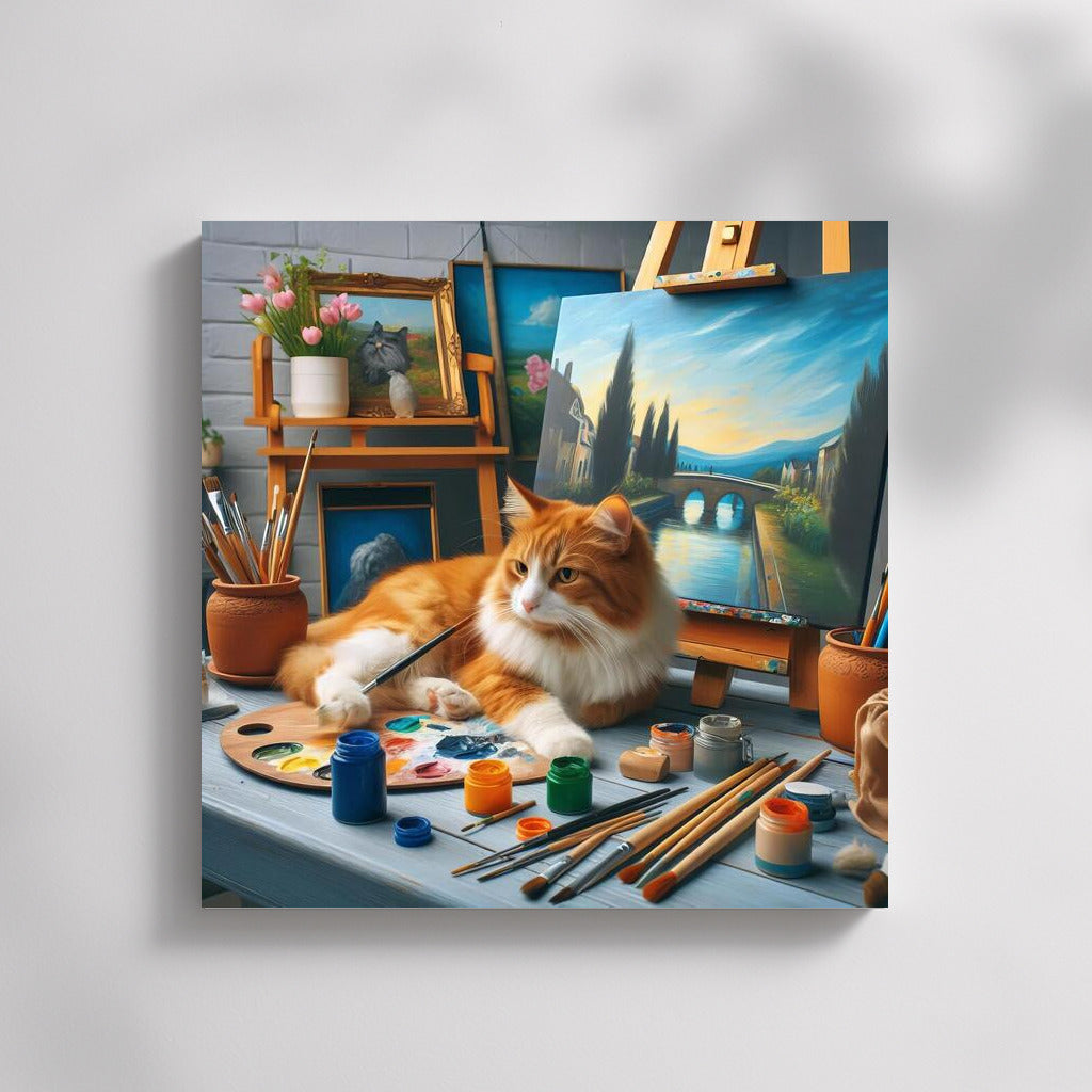 Cat-artist in a creative workshop: the magic of brushes and paints
