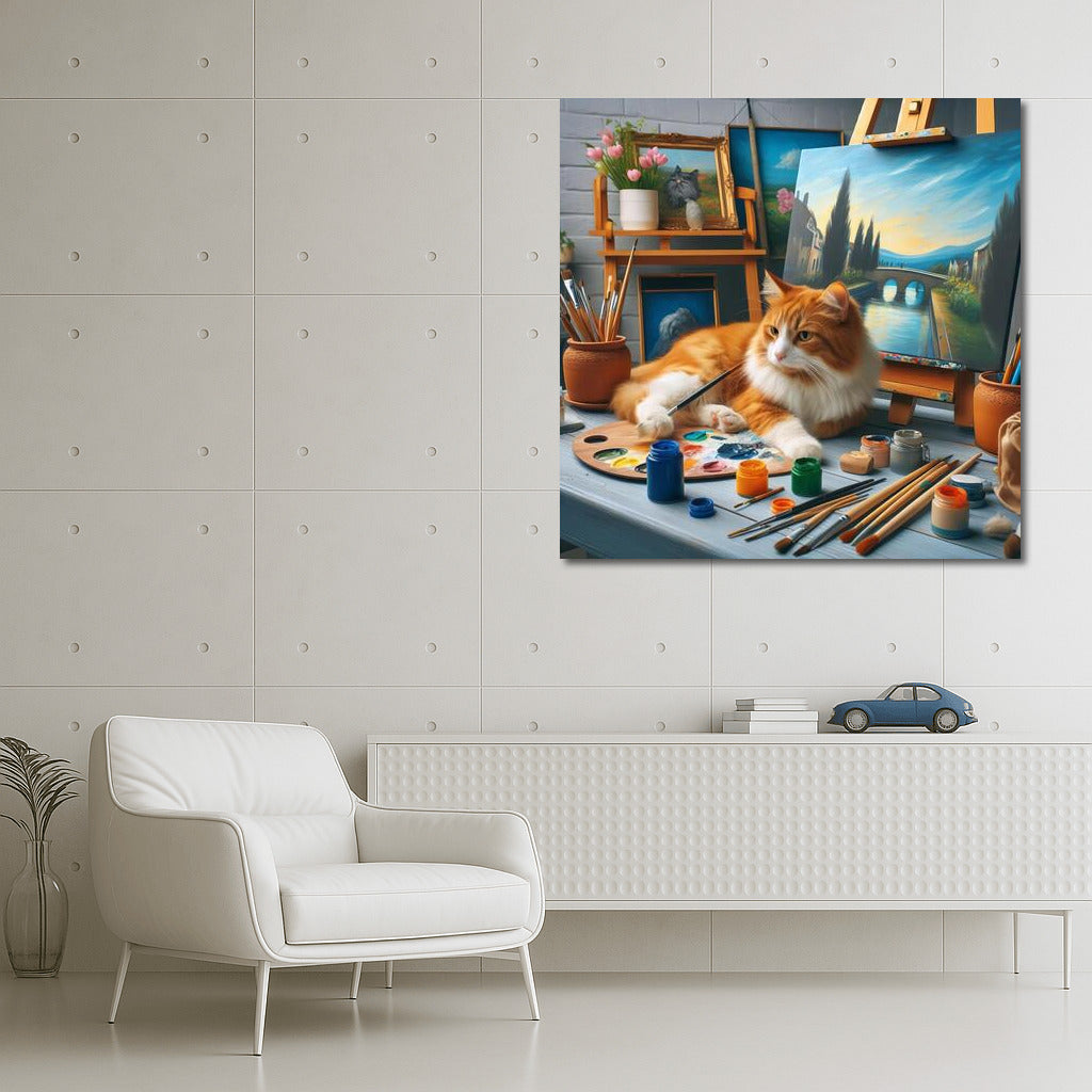 Cat-artist in a creative workshop: the magic of brushes and paints