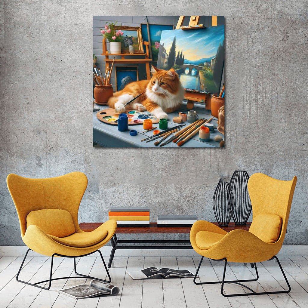 Cat-artist in a creative workshop: the magic of brushes and paints