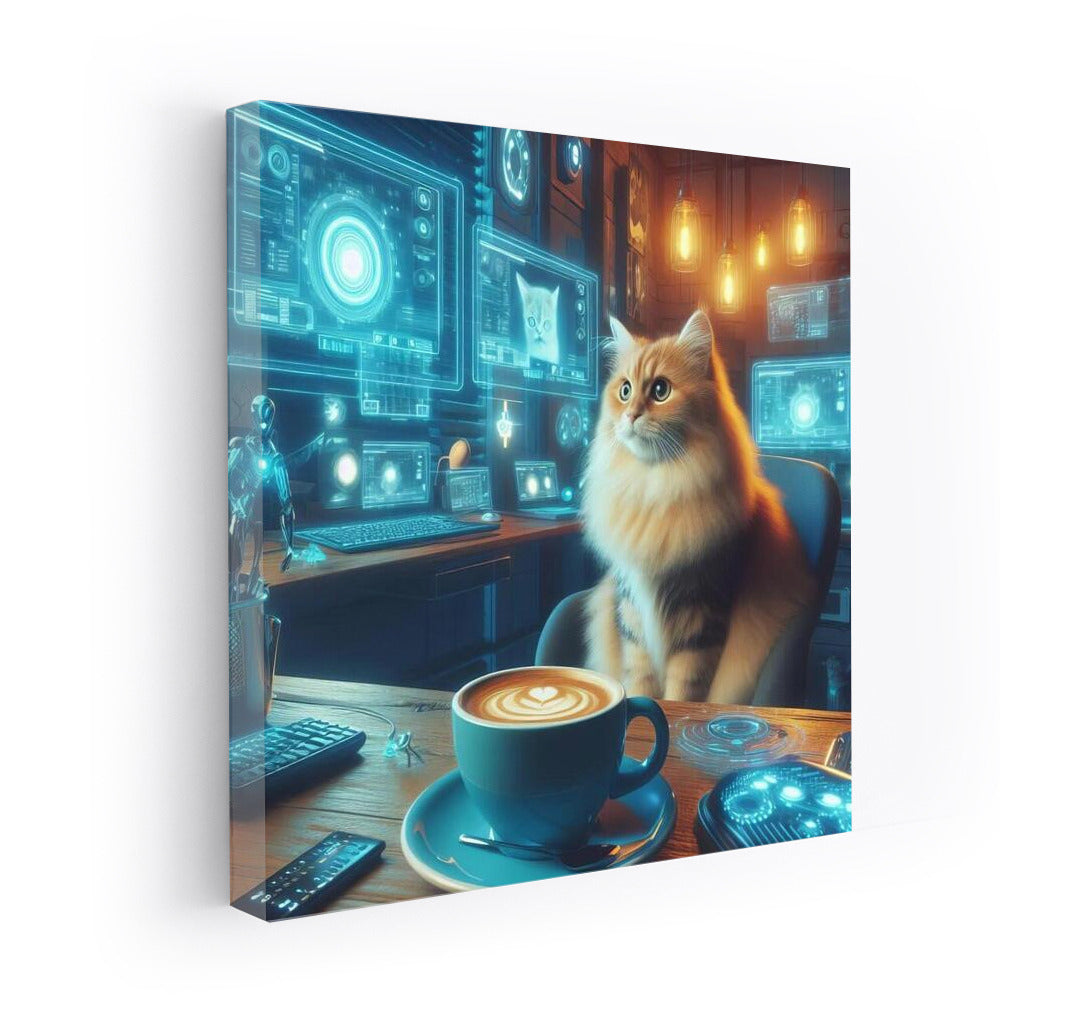 Cyber Cat in Cozy Cafe: Futuristic Interior Decor