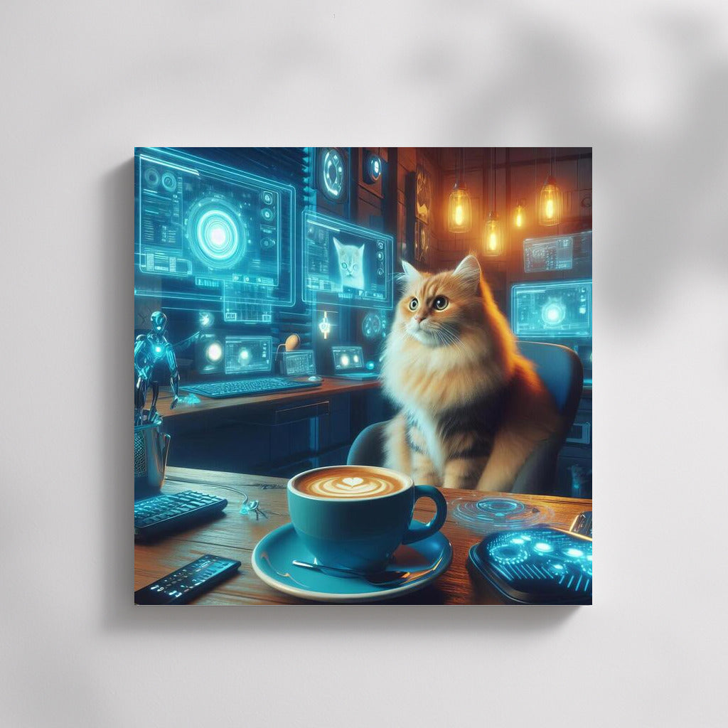 Cyber Cat in Cozy Cafe: Futuristic Interior Decor