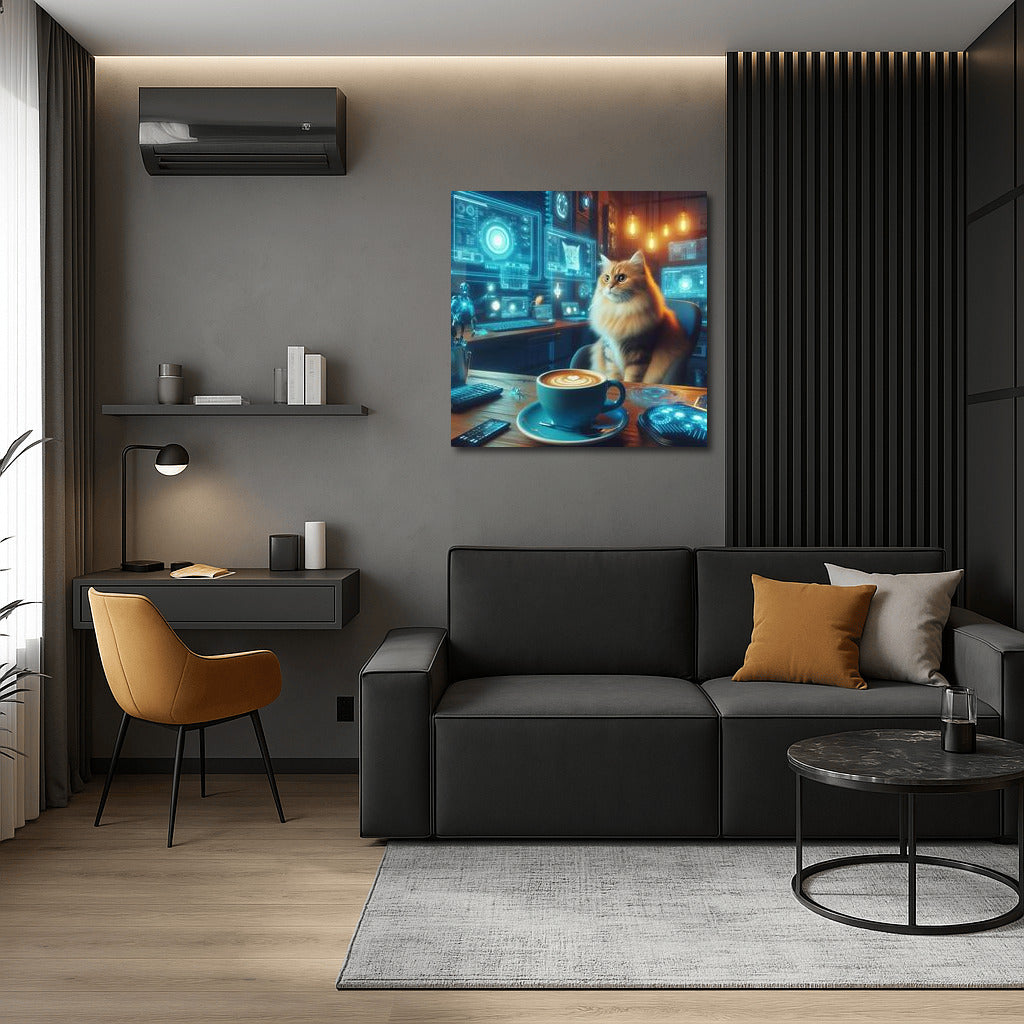 Cyber Cat in Cozy Cafe: Futuristic Interior Decor