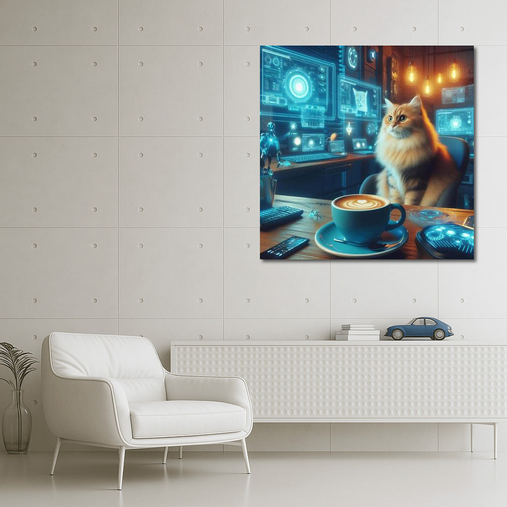 Cyber Cat in Cozy Cafe: Futuristic Interior Decor