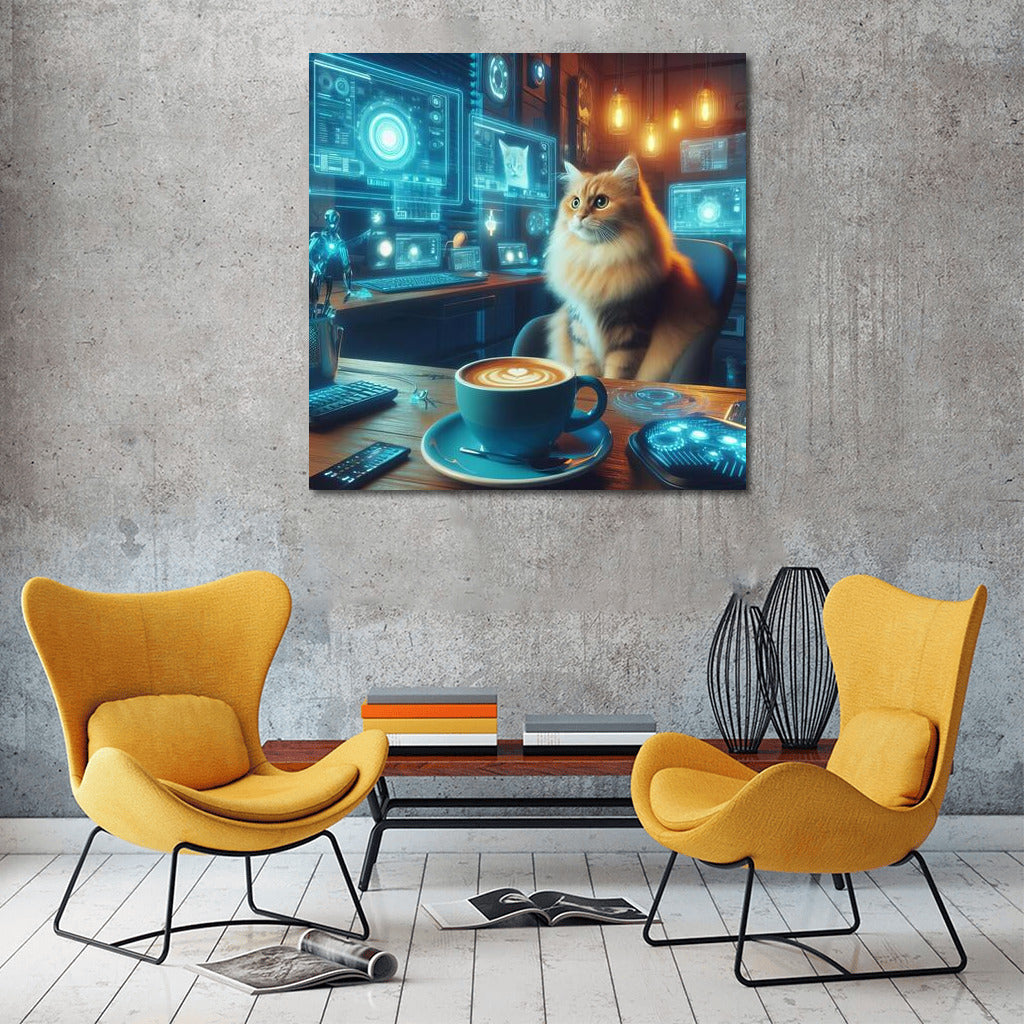 Cyber Cat in Cozy Cafe: Futuristic Interior Decor