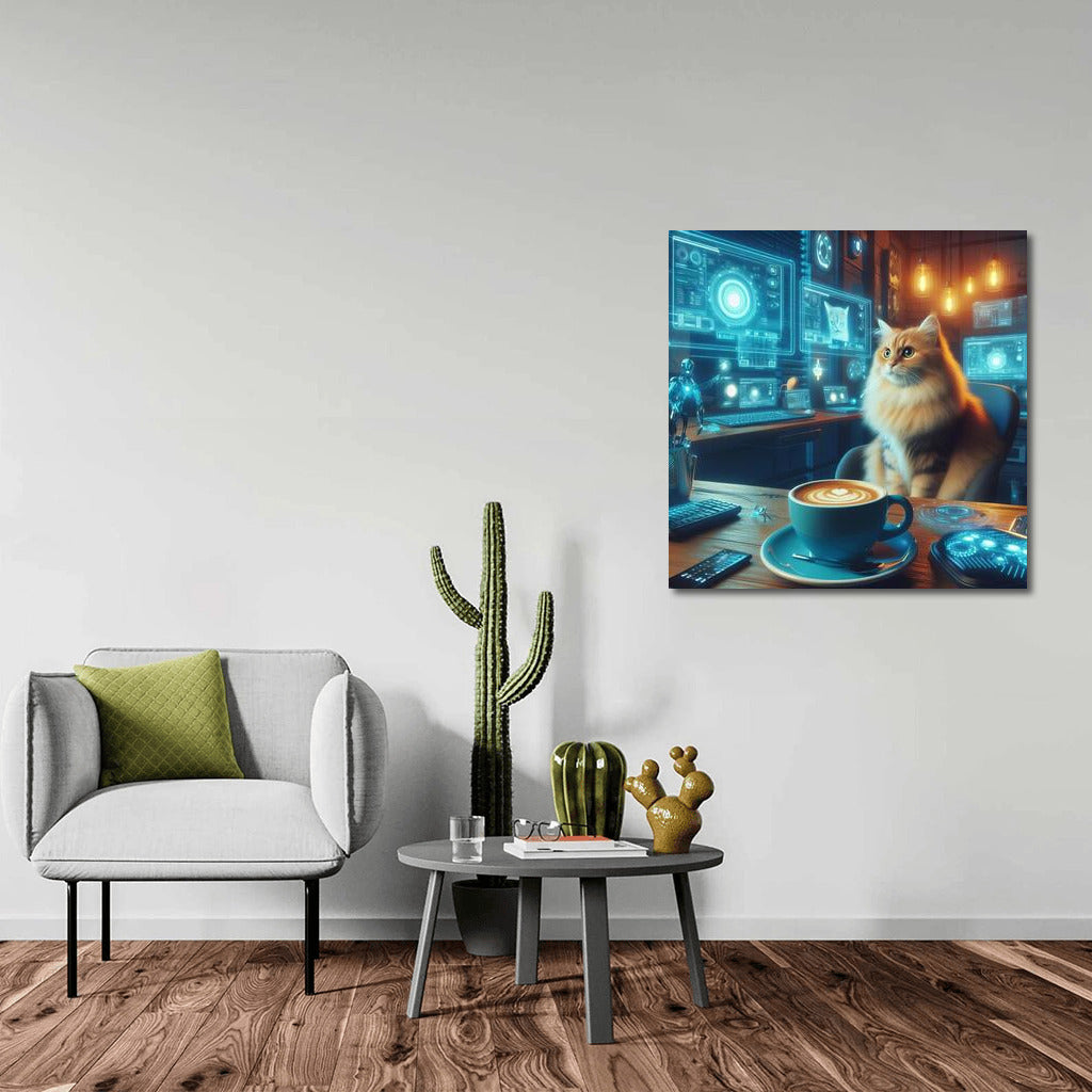 Cyber Cat in Cozy Cafe: Futuristic Interior Decor