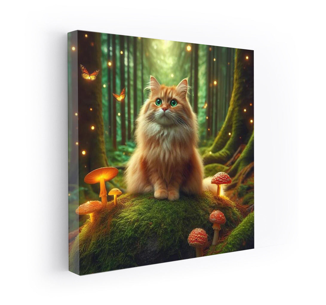 Cat in the Enchanted Forest: Magic Mushrooms and Glowing Butterflies