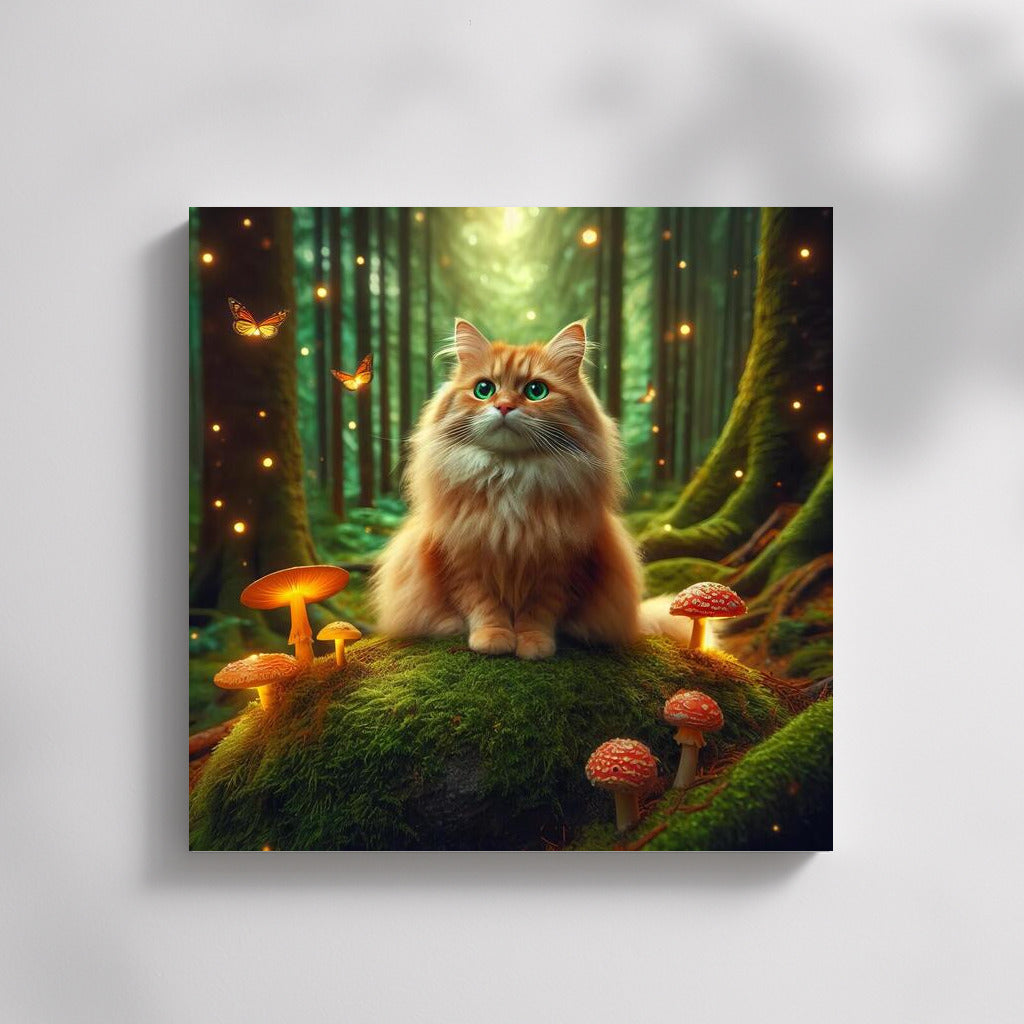 Cat in the Enchanted Forest: Magic Mushrooms and Glowing Butterflies