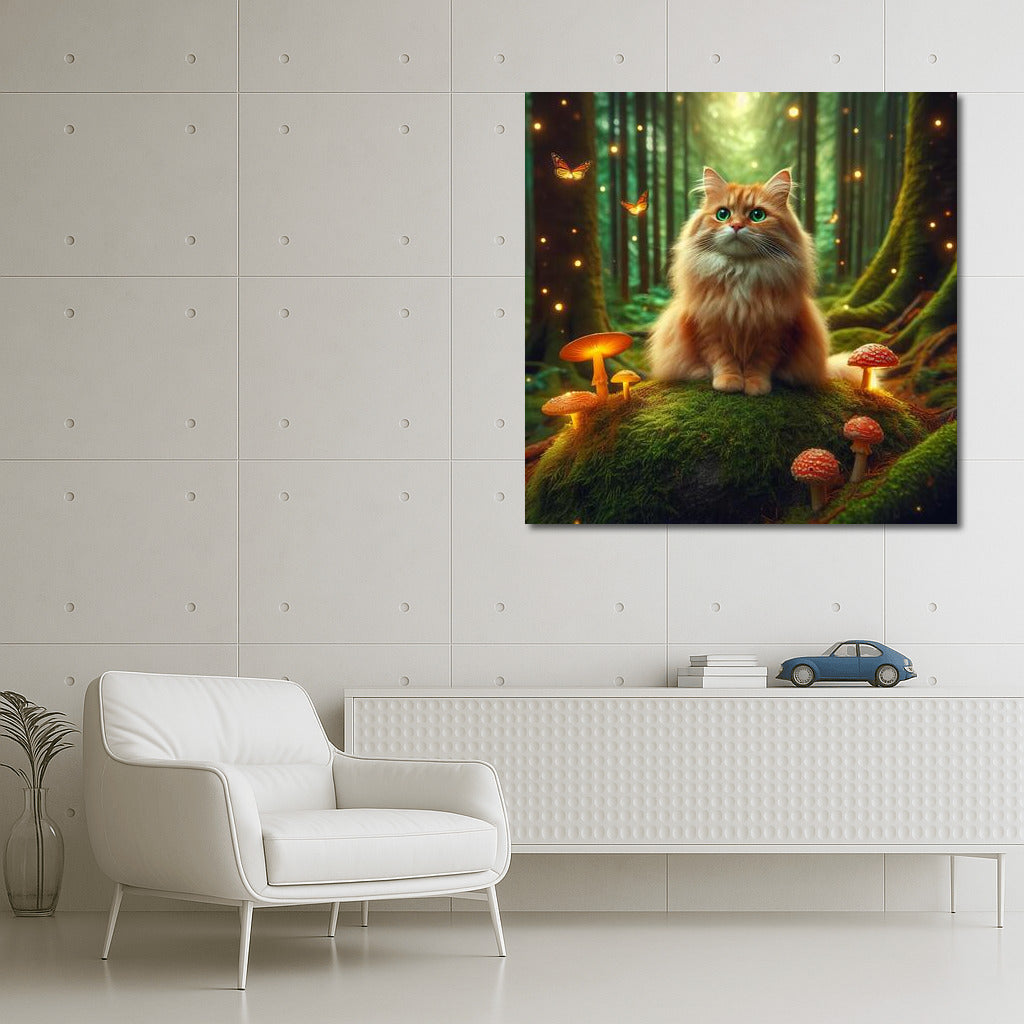 Cat in the Enchanted Forest: Magic Mushrooms and Glowing Butterflies
