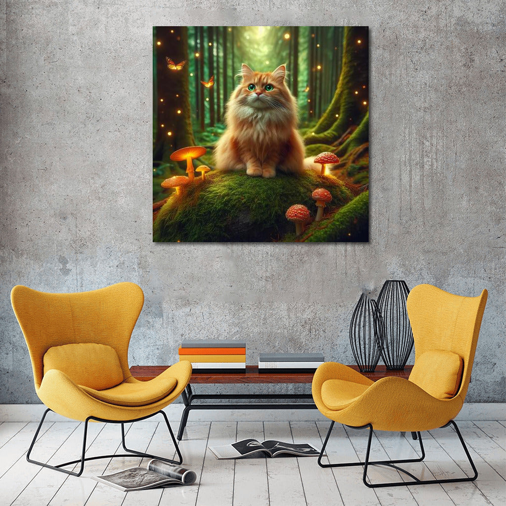Cat in the Enchanted Forest: Magic Mushrooms and Glowing Butterflies