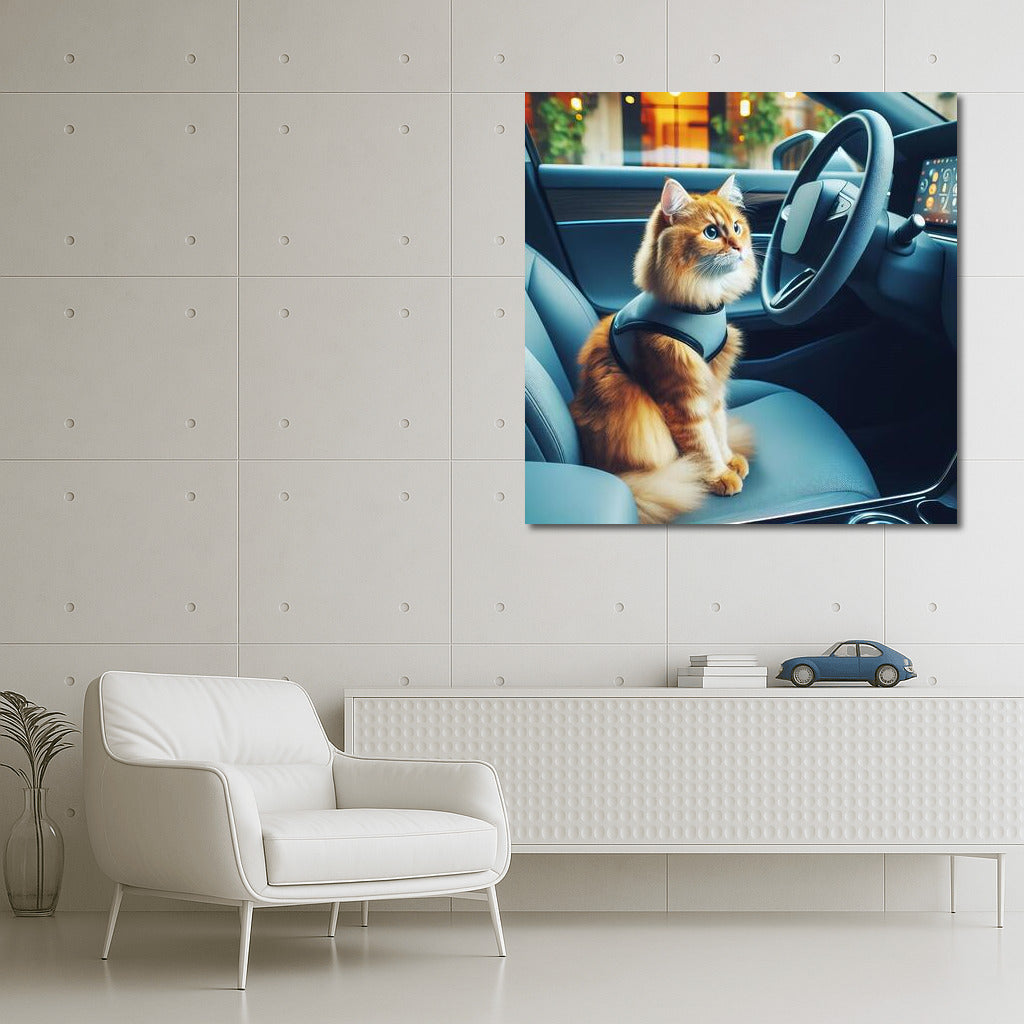 Futuristic Cat at the Wheel: Journey to the Future