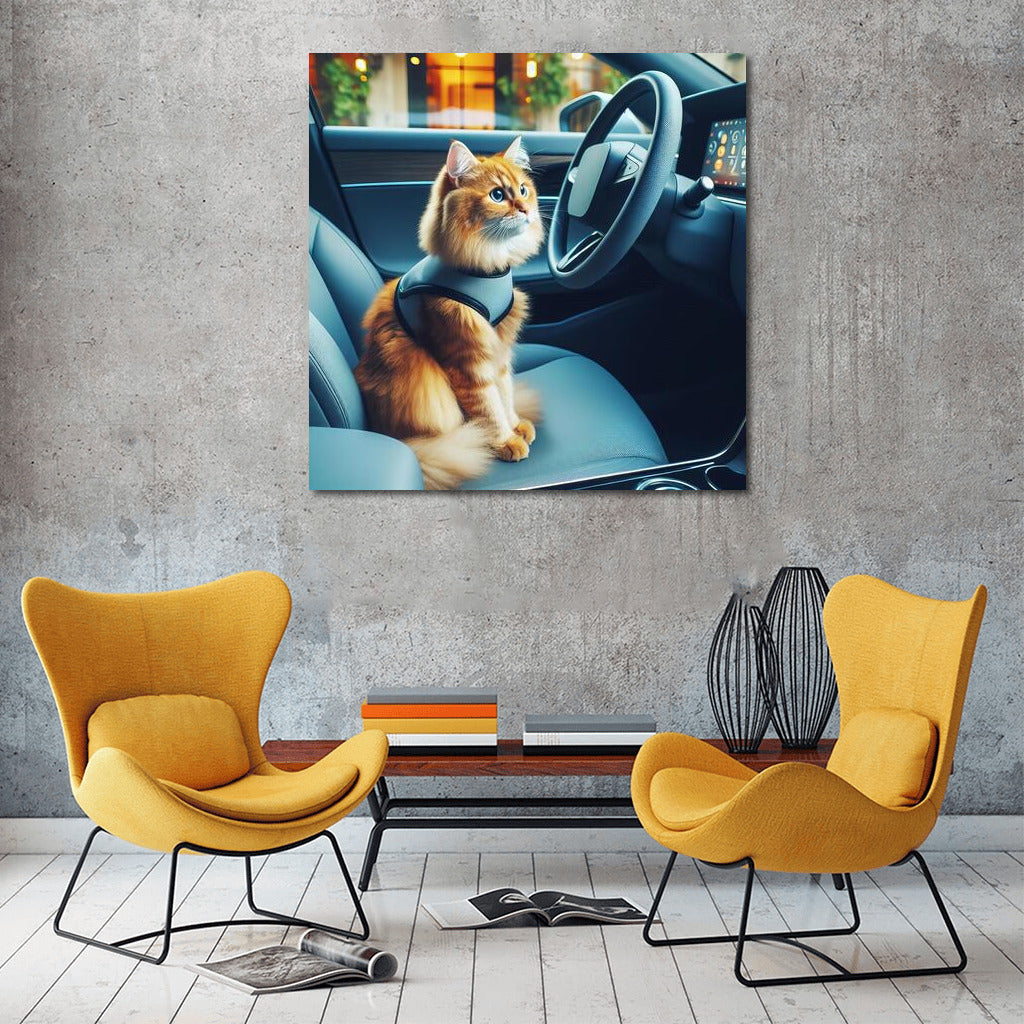 Futuristic Cat at the Wheel: Journey to the Future