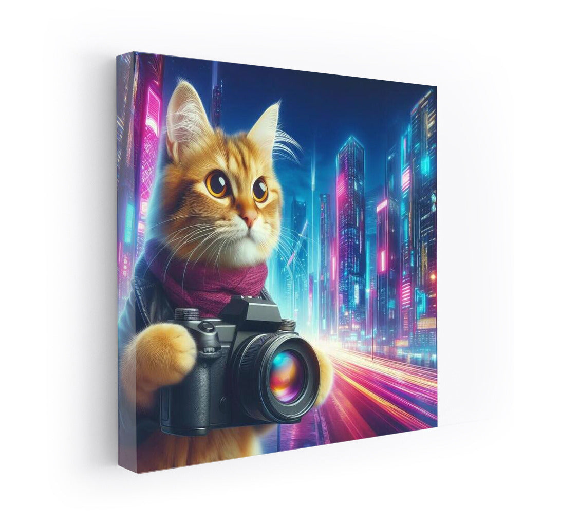 Neon Cat with Camera in Future City