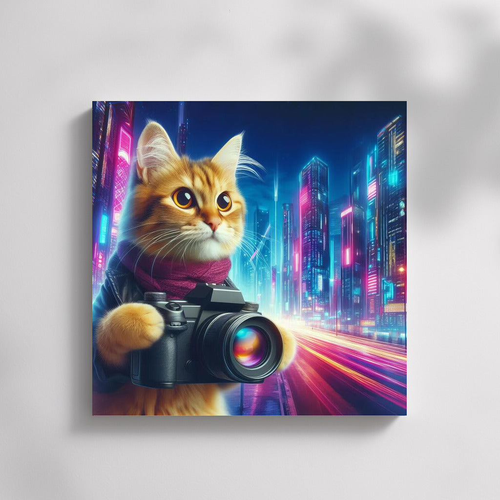 Neon Cat with Camera in Future City