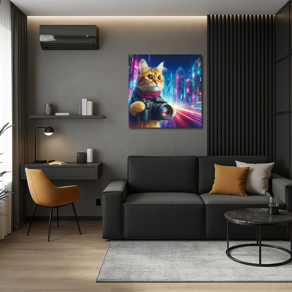 Neon Cat with Camera in Future City