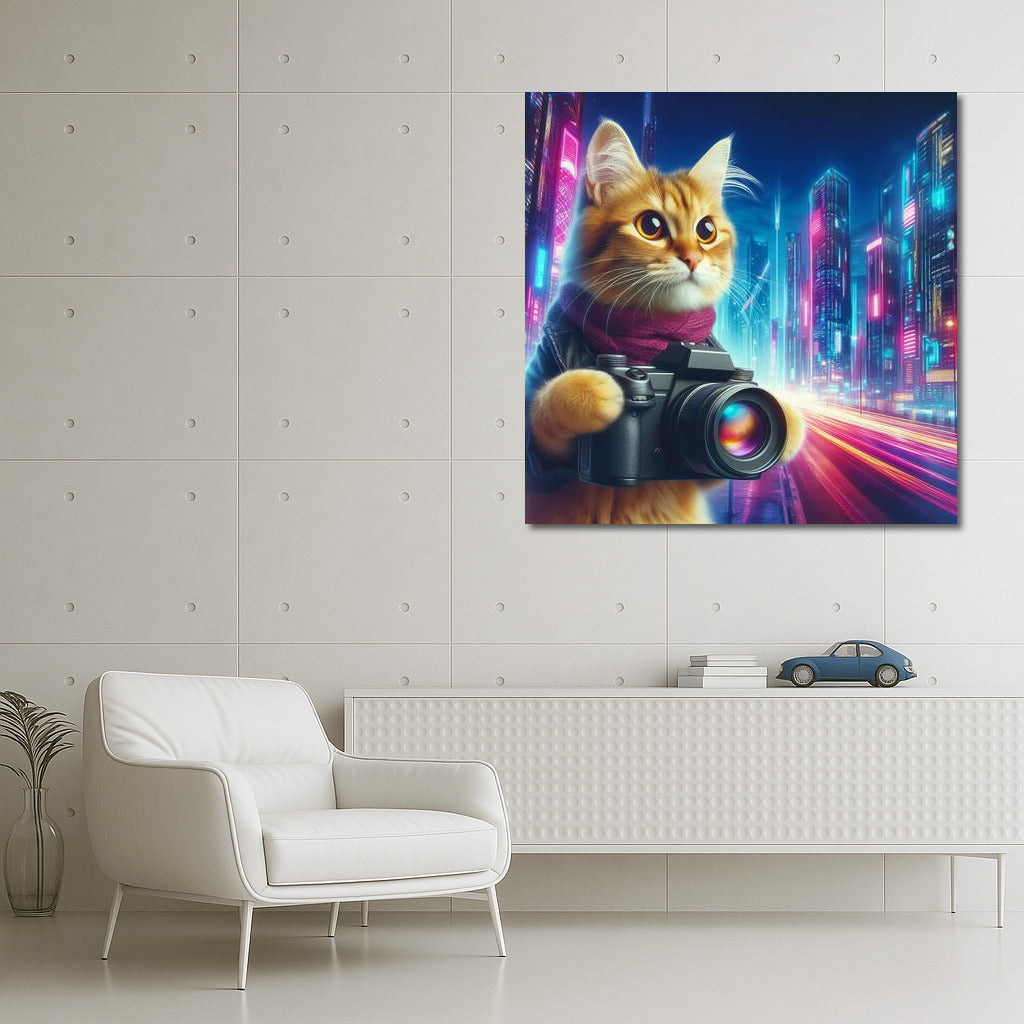 Neon Cat with Camera in Future City