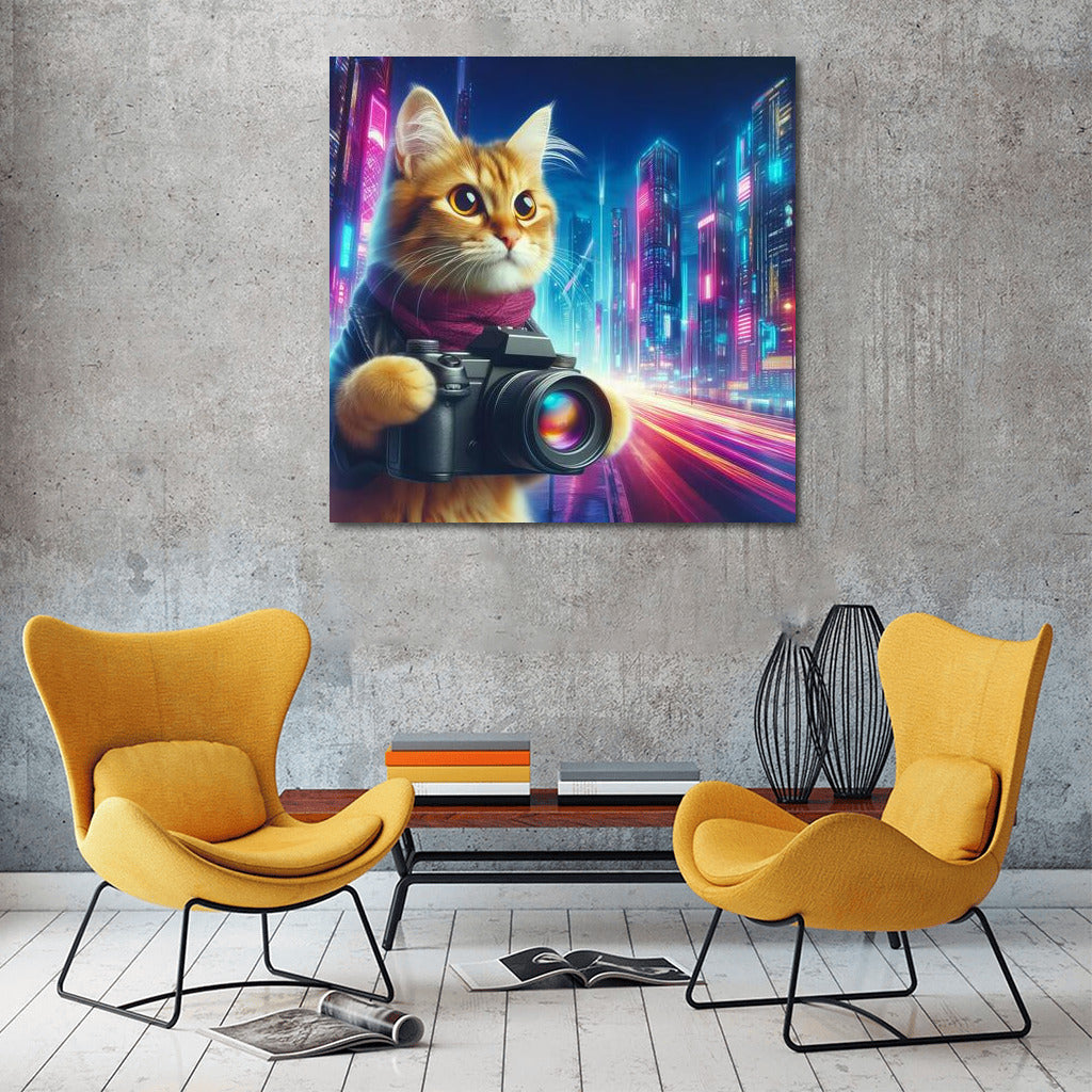 Neon Cat with Camera in Future City