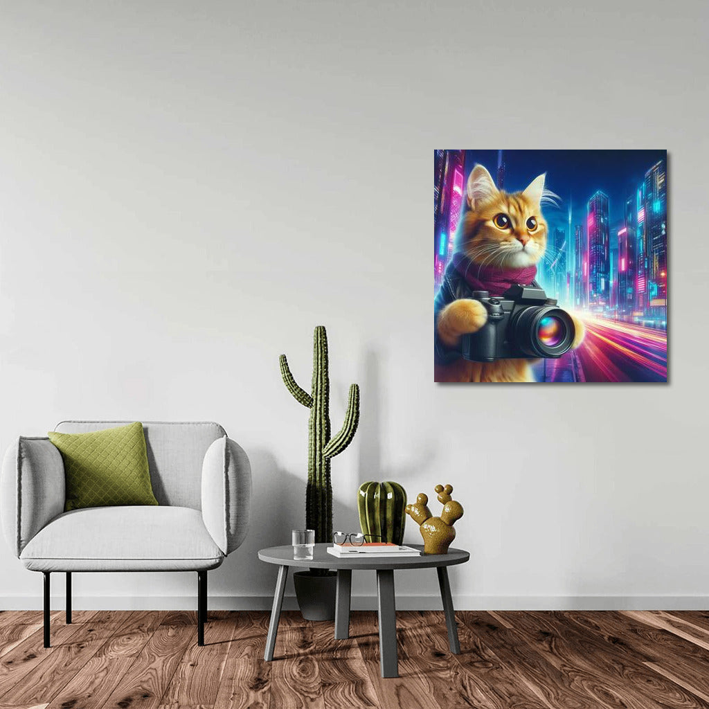 Neon Cat with Camera in Future City